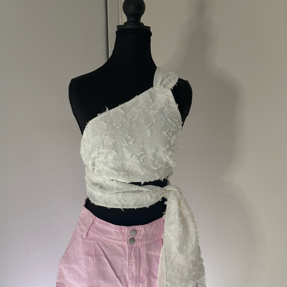 White Textured One-Shoulder Top